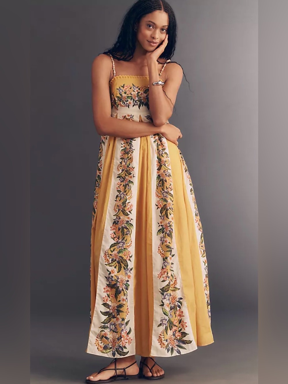 FARM Rio Yellow and Cream Floral Panel Maxi Dress